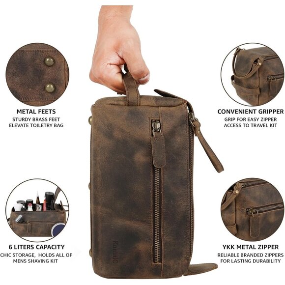 Unisex Distressed Tan Premium Buffalo Leather Toiletry Bag Travel Shaving kit - Picture 9 of 9